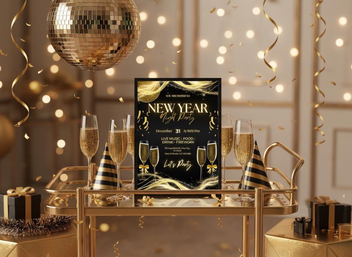 New Year’s Eve Party Invitation | Gold Black Modern Digital Invite | NYE Digital Download | Printable Night Party | Loki's Shop Too