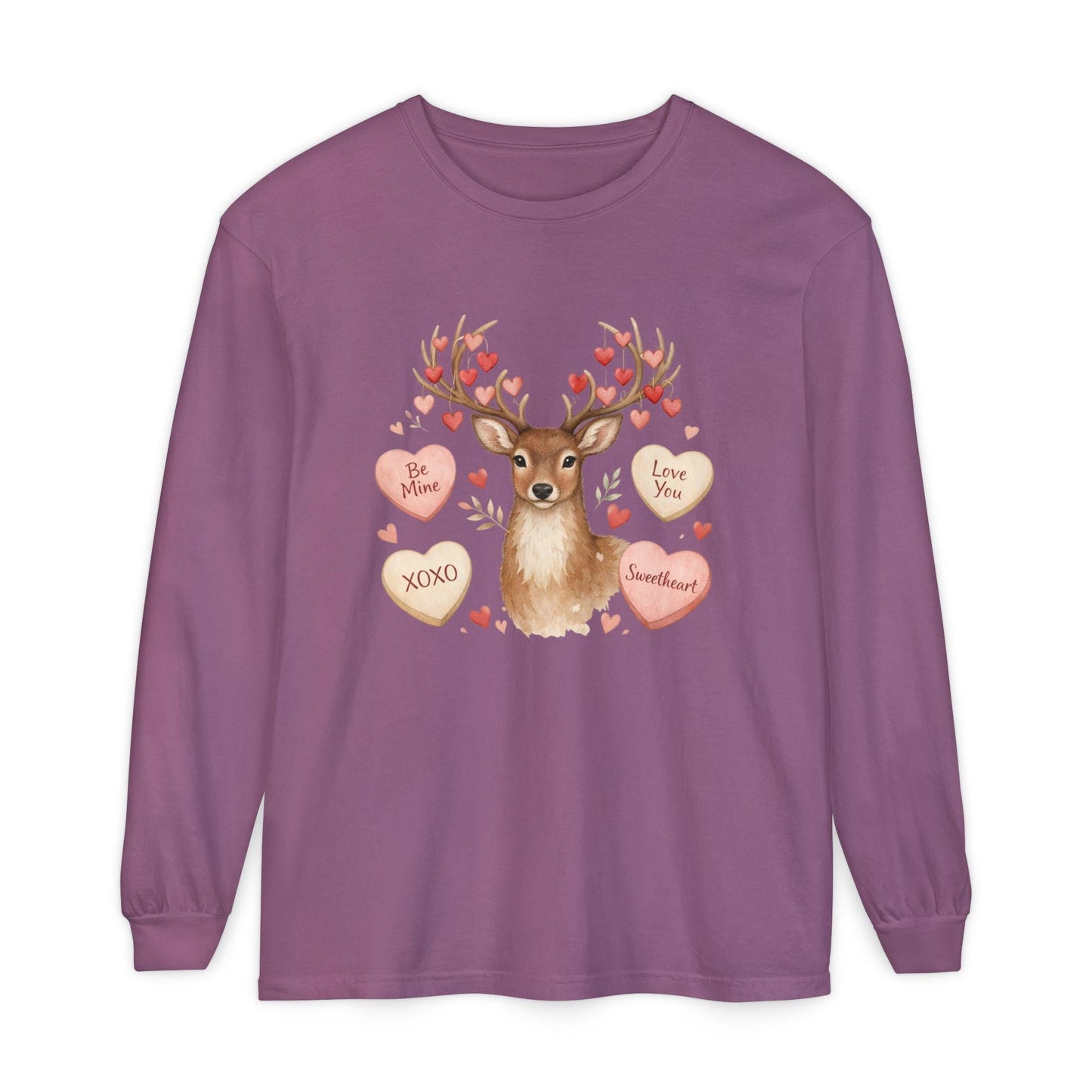 Valentine Deer with Conversation Hearts Long Sleeve Tee | Loki's Shop Too