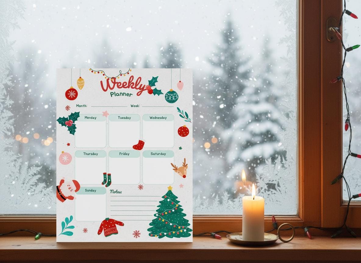 Weekly Planner Printable Christmas Theme – Seasonal Calendar Holiday Planning – Digital Download