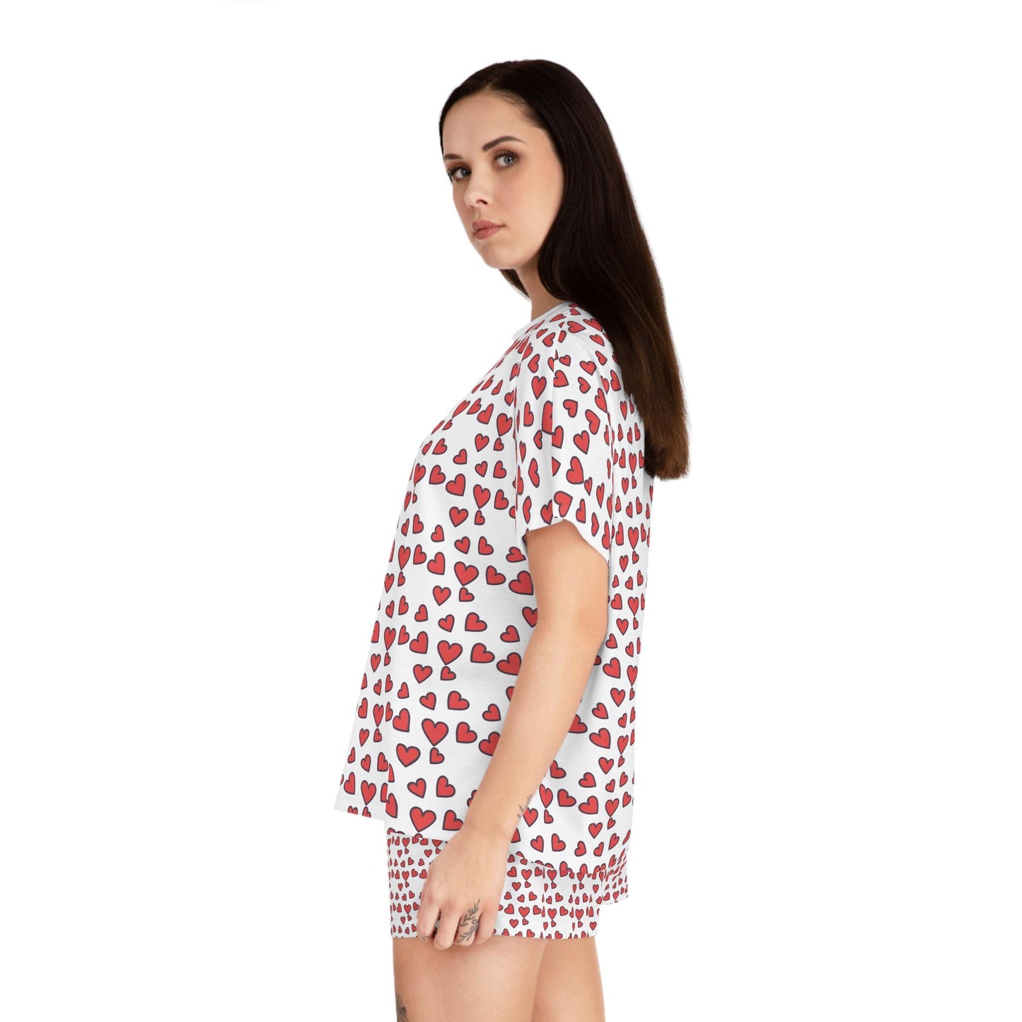 Hand-Drawn Red Hearts Valentine's Pattern Women's Short Pajama Set