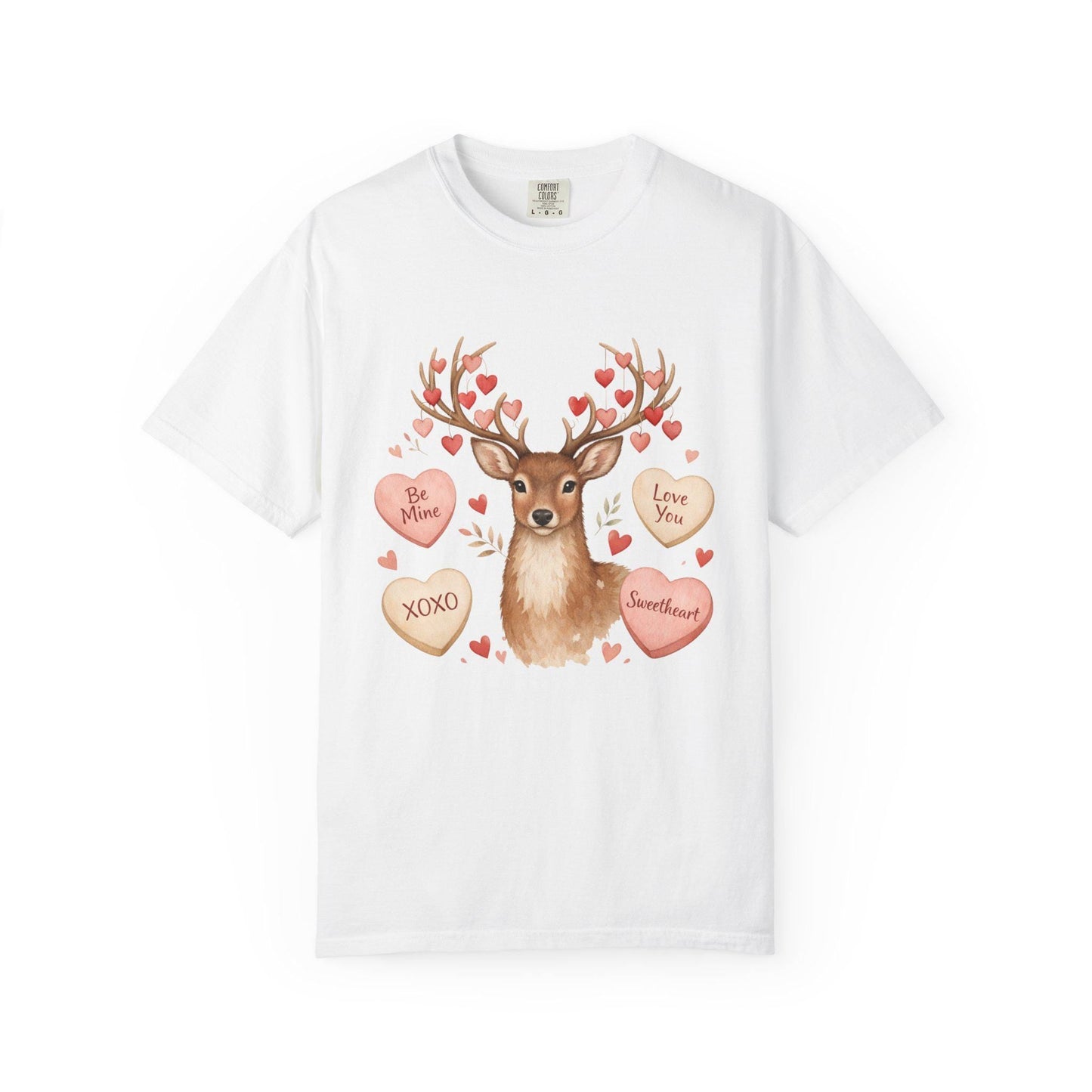 Valentine Deer T-Shirt: Conversation Hearts & Antlers