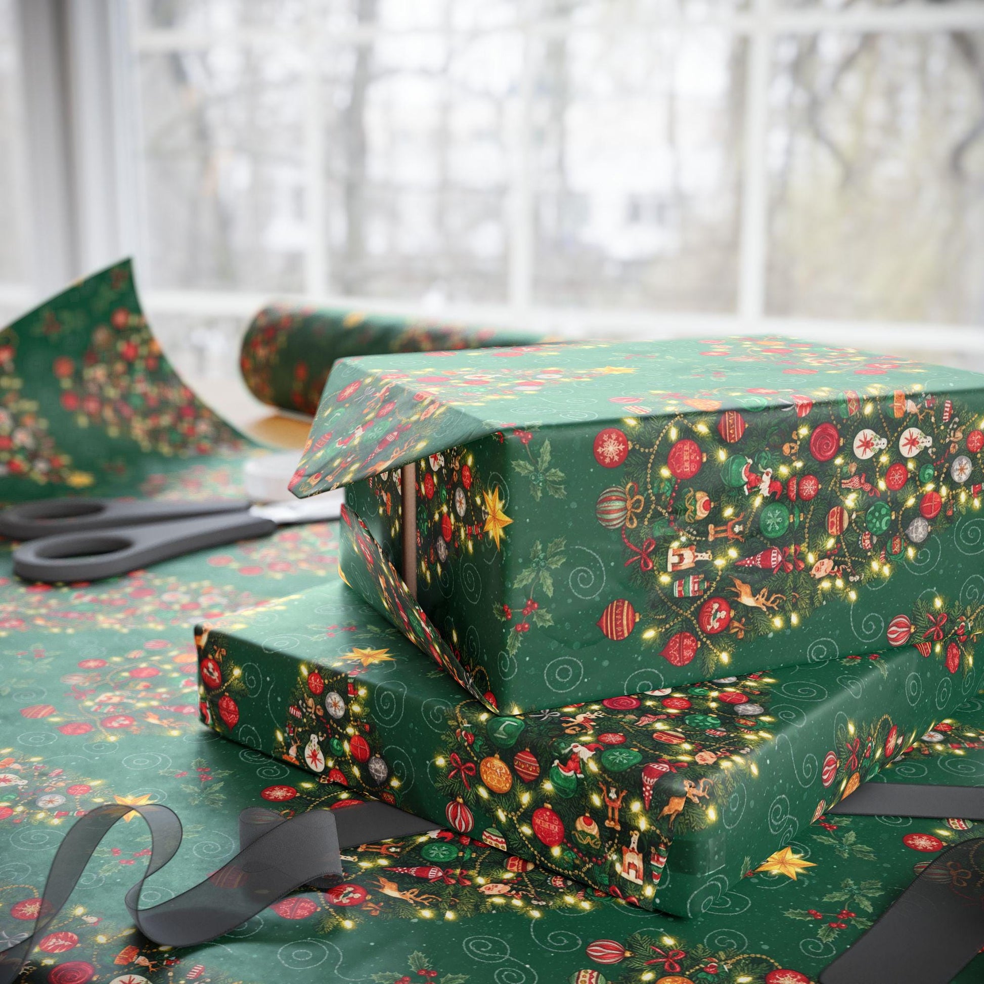 christmas tree gift wrap green holiday pattern