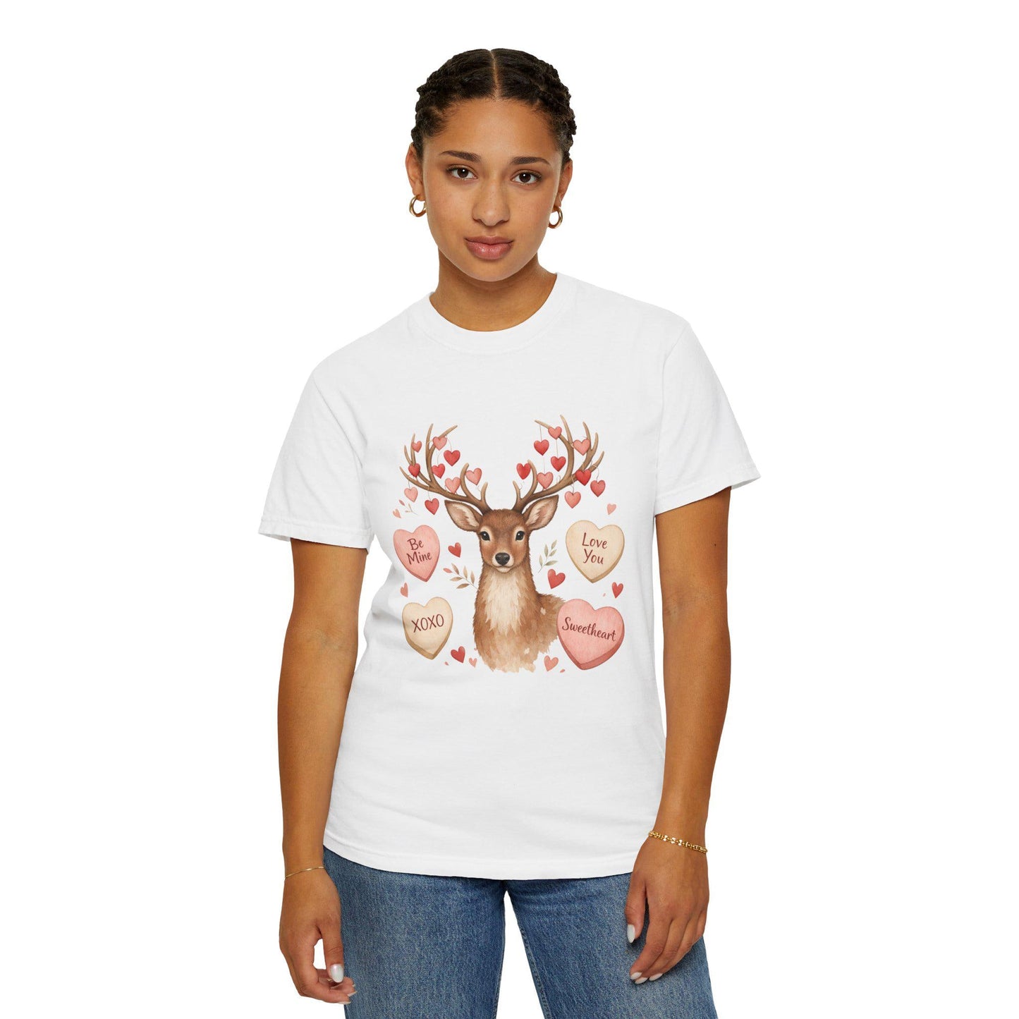 Valentine Deer T-Shirt: Conversation Hearts & Antlers | Loki's Shop Too