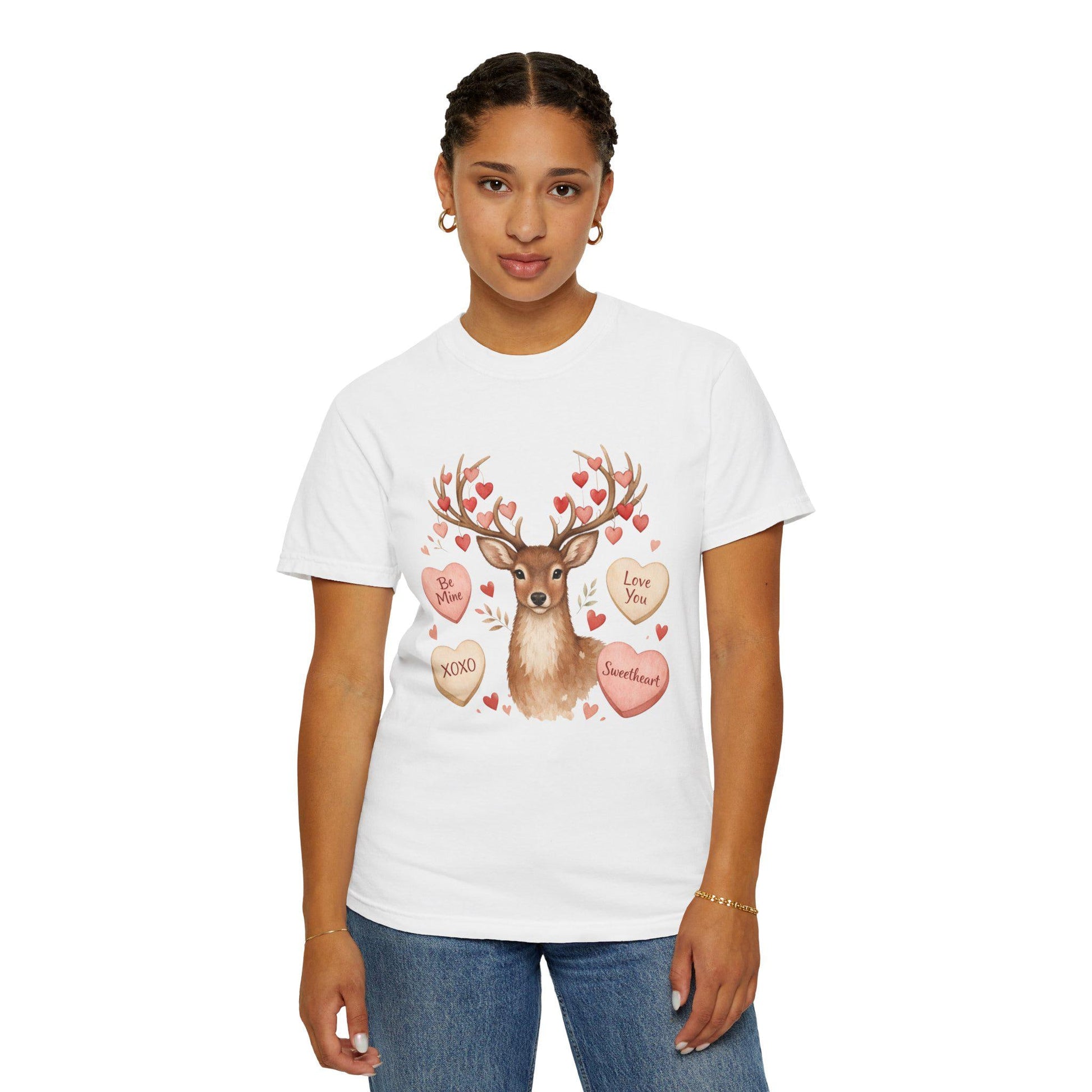 Valentine Deer T-Shirt: Conversation Hearts & Antlers | Loki's Shop Too