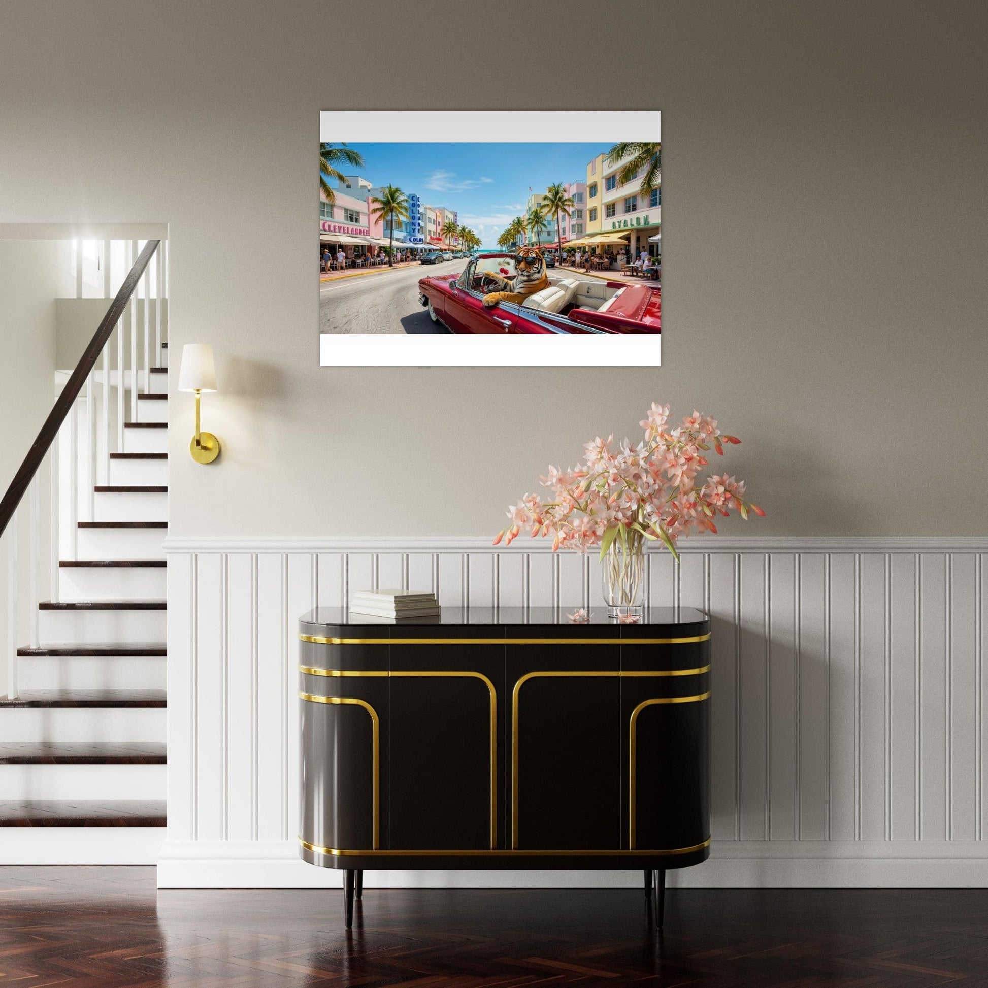 Cruisin the Miami Strip Bengal Tiger Fine Art Poster | Vivid Colors Giclée Print | Wild Animal Wall Art Gift | Loki's Shop Too