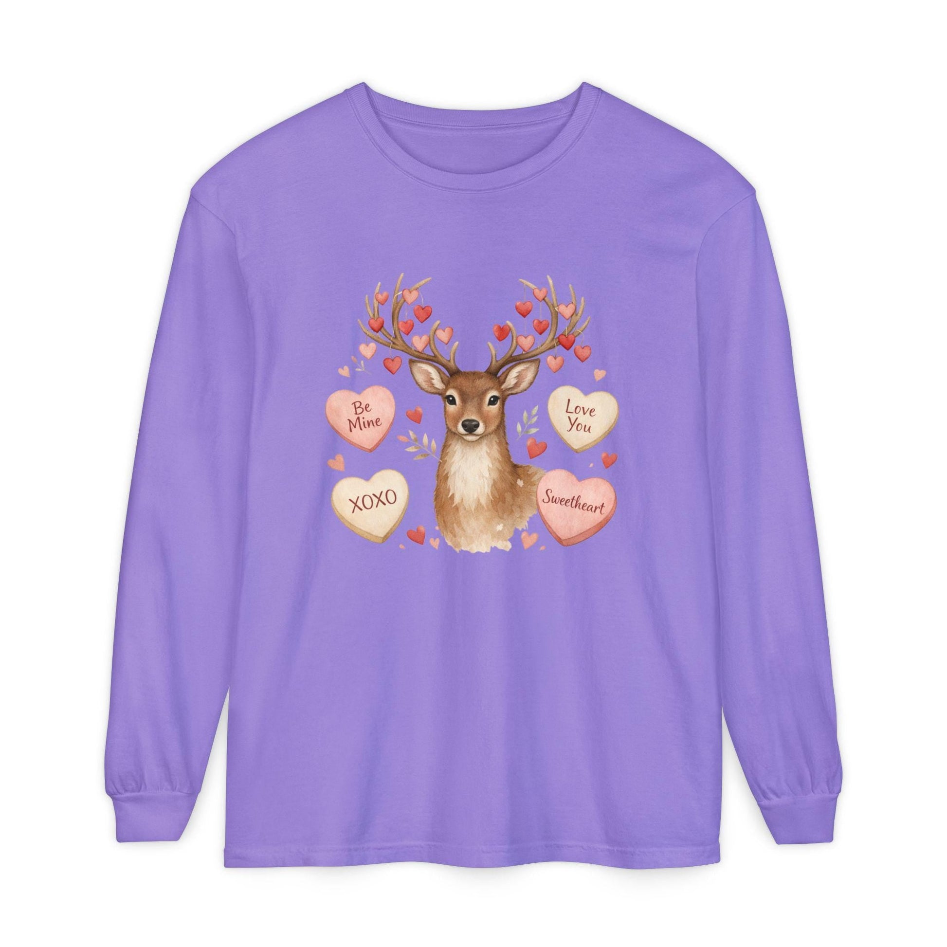 Valentine Deer with Conversation Hearts Long Sleeve Tee | Loki's Shop Too