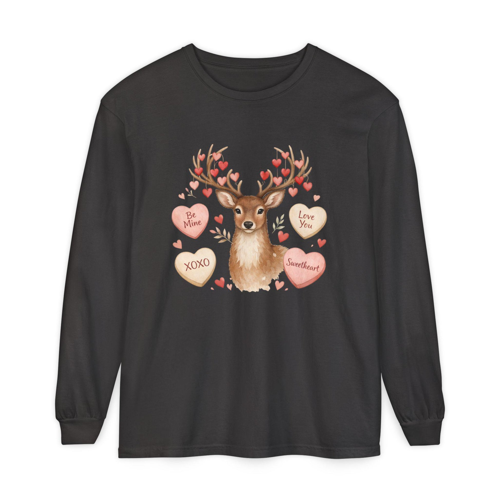 Valentine Deer with Conversation Hearts Long Sleeve Tee | Loki's Shop Too