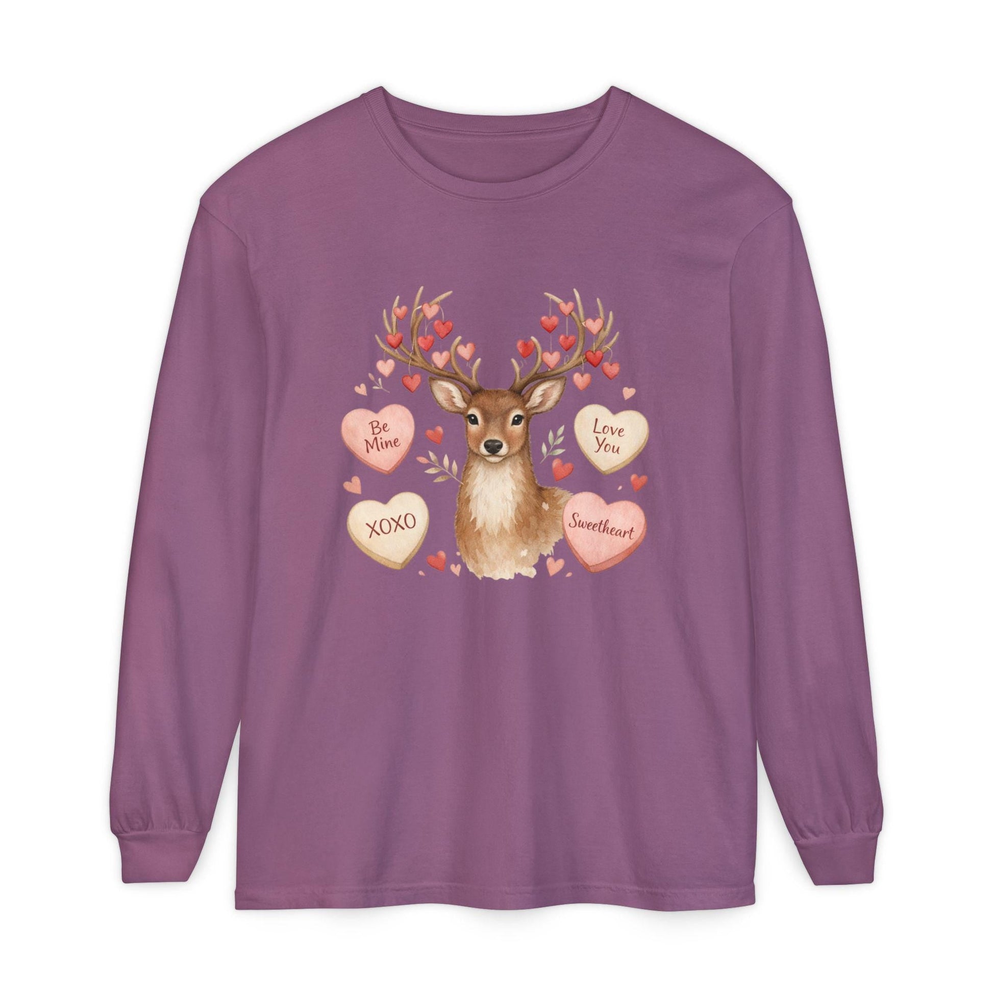 Valentine Deer with Conversation Hearts Long Sleeve Tee | Loki's Shop Too