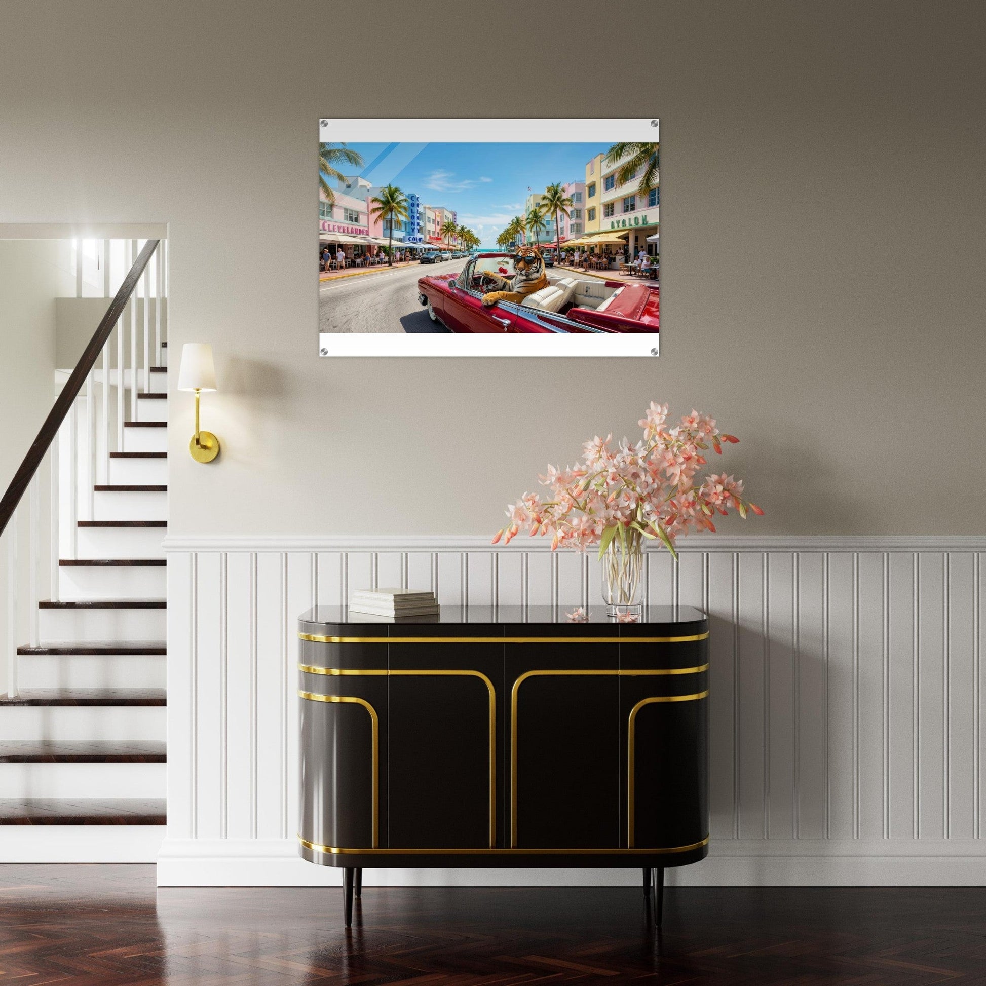 Miami Strip Cruisin' Tiger Acrylic Print | Fun Animal Wall Art | Luxury Home Decor | Unique Gift | Loki's Shop Too