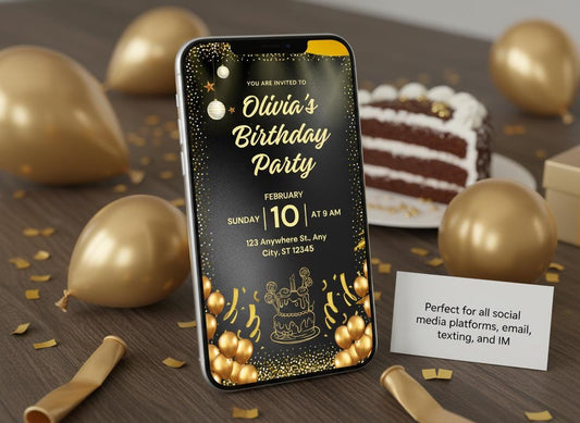 Gold & Black Birthday Party Video Invitation | Editable Digital Download | Elegant Mobile Birthday Card | Loki's Shop Too