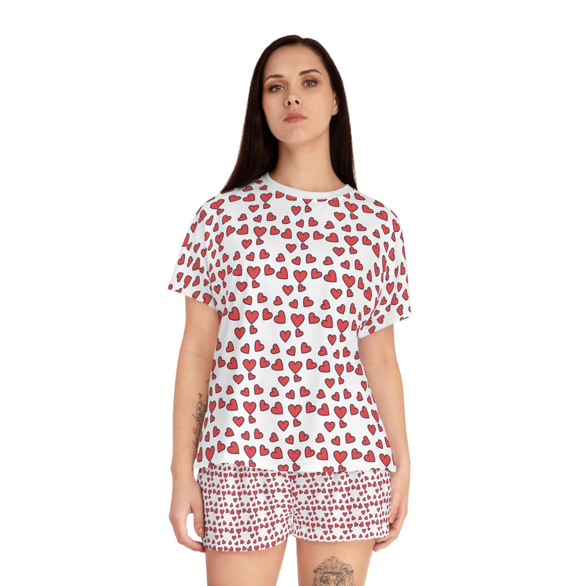 Hand-Drawn Red Hearts Valentine's Pattern Women's Short Pajama Set | Loki's Shop Too