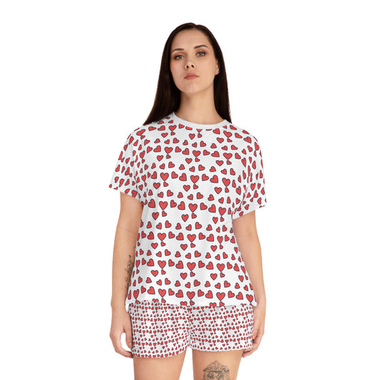 Hand-Drawn Red Hearts Valentine's Pattern Women's Short Pajama Set | Loki's Shop Too