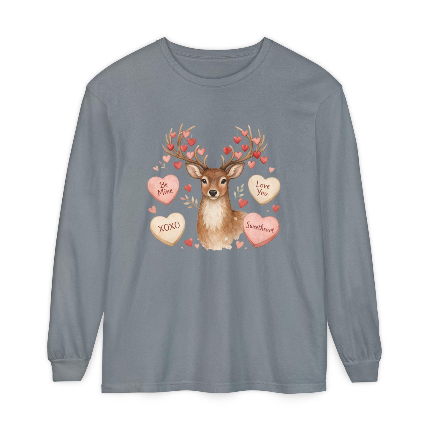 Valentine Deer with Conversation Hearts Long Sleeve Tee | Loki's Shop Too