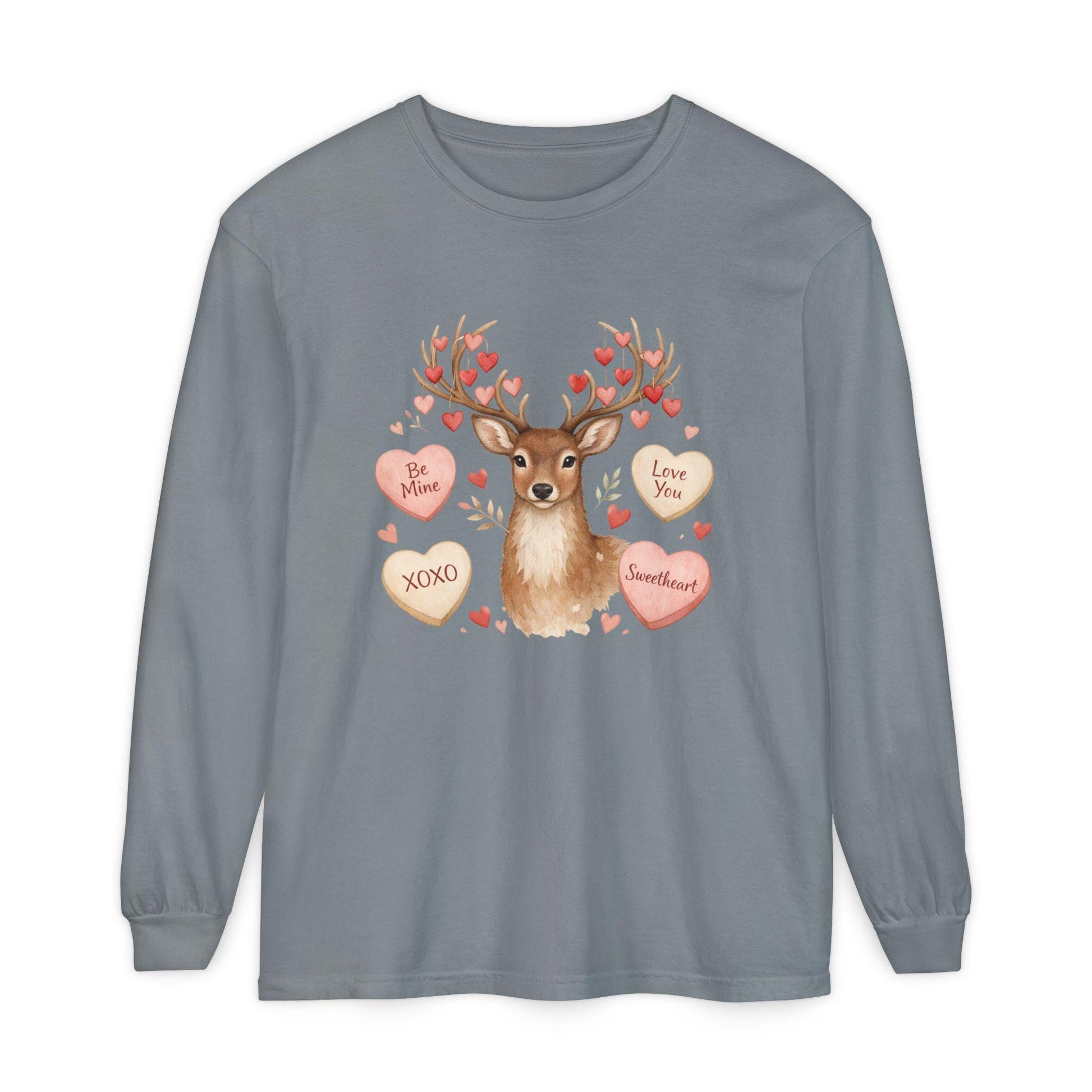 Valentine Deer with Conversation Hearts Long Sleeve Tee | Loki's Shop Too