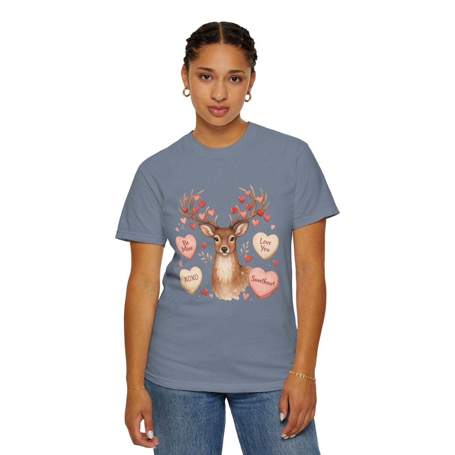 Valentine Deer T-Shirt: Conversation Hearts & Antlers
