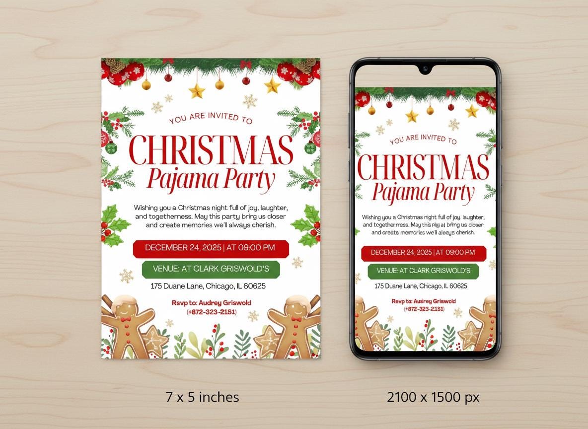 Editable Christmas PJ Party Invitation Template (Digital Download)