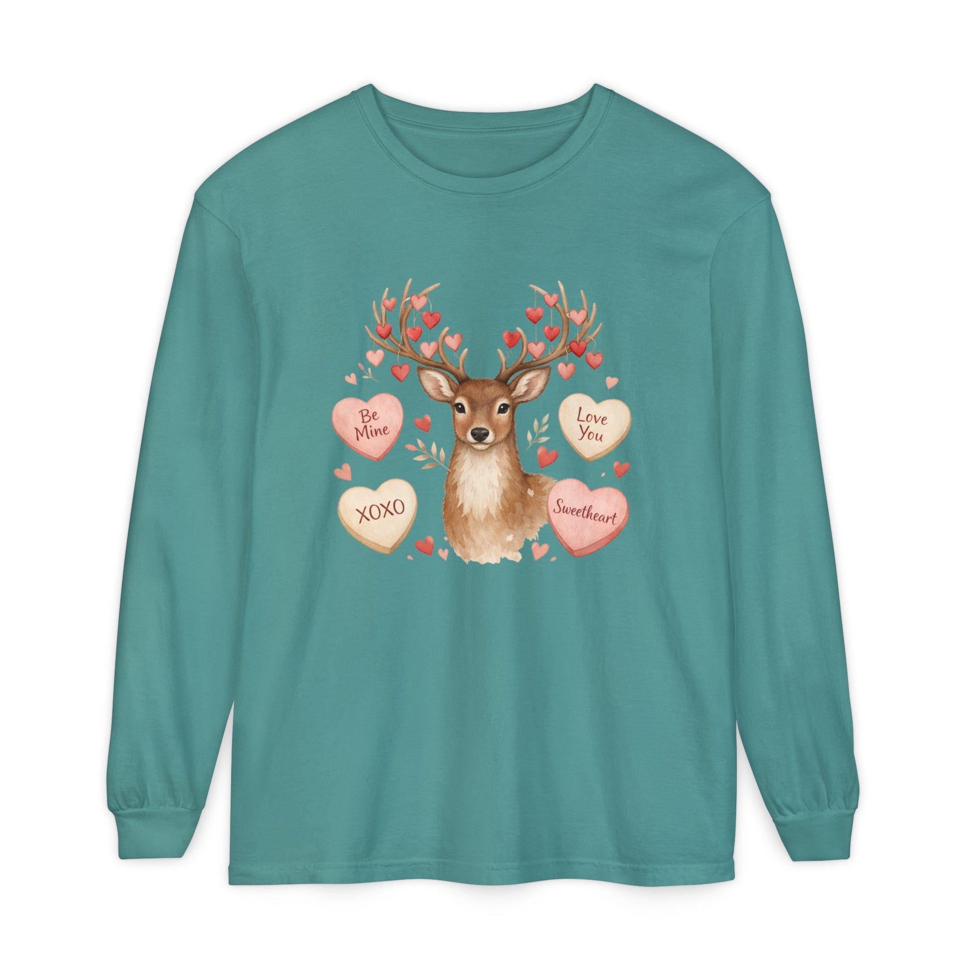 Valentine Deer with Conversation Hearts Long Sleeve Tee | Loki's Shop Too