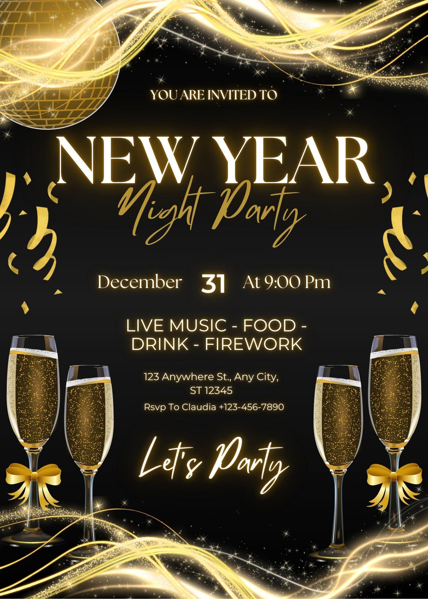 New Year’s Eve Party Invitation | Gold Black Modern Digital Invite | NYE Digital Download | Printable Night Party | Loki's Shop Too