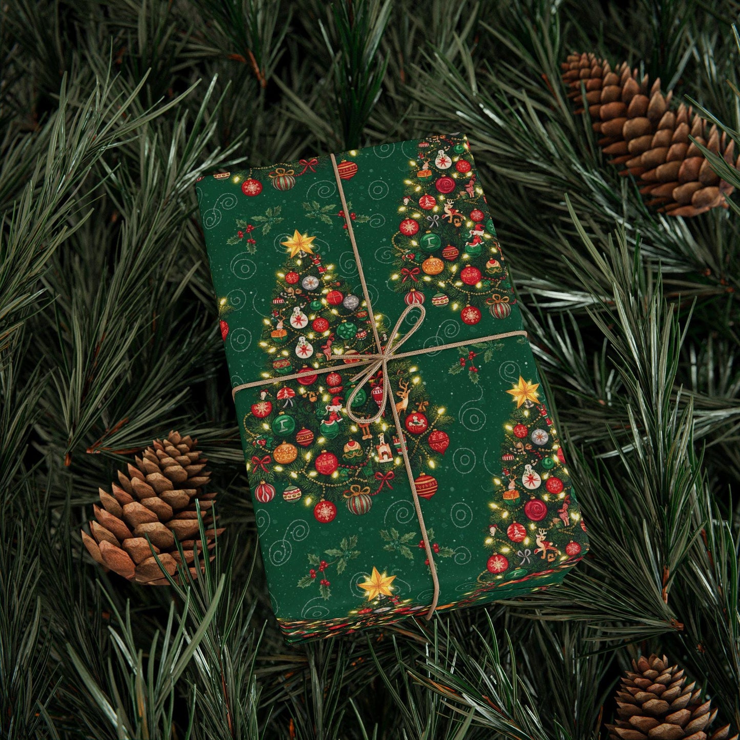 Christmas Tree Gift Wrap Green Holiday Pattern