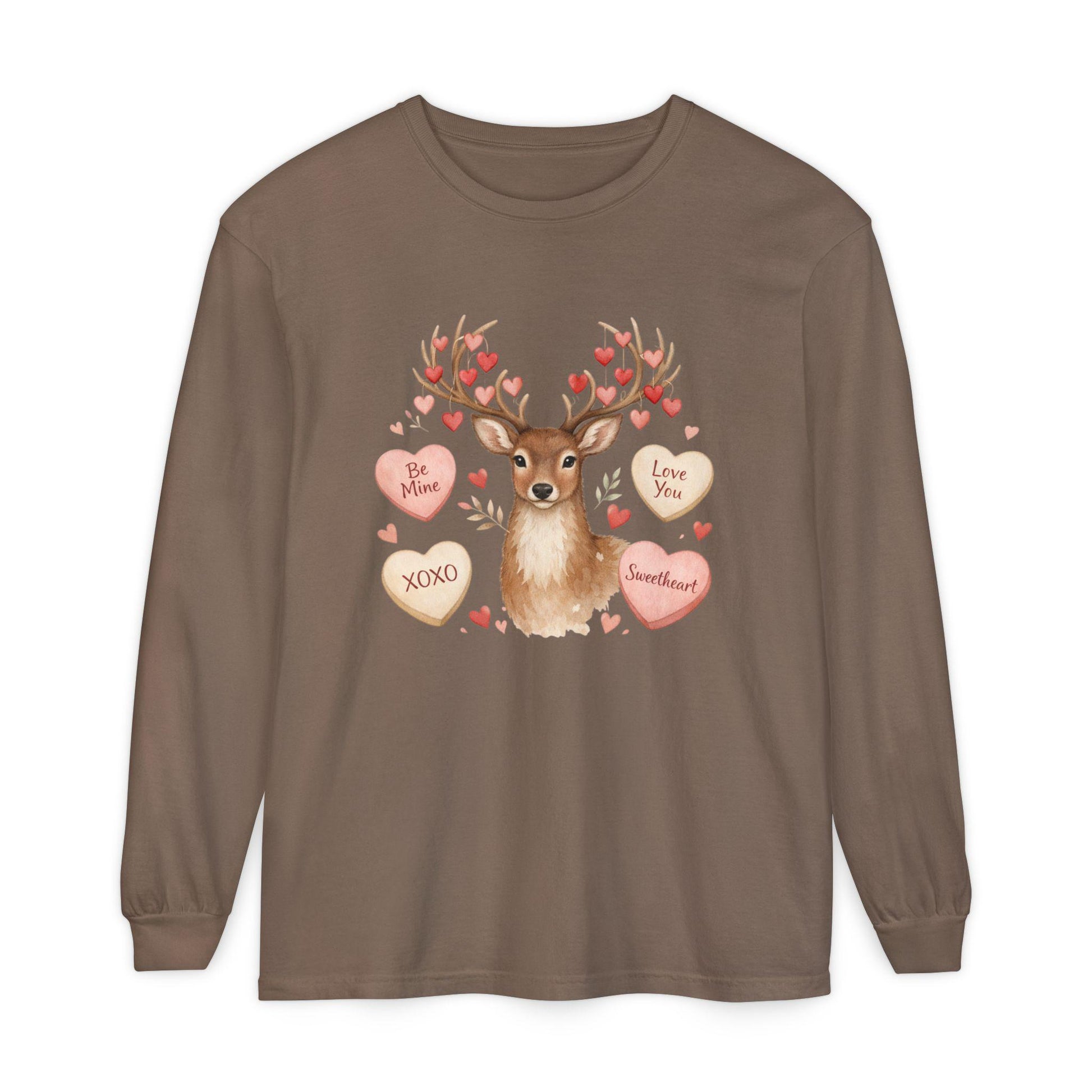 Valentine Deer with Conversation Hearts Long Sleeve Tee | Loki's Shop Too