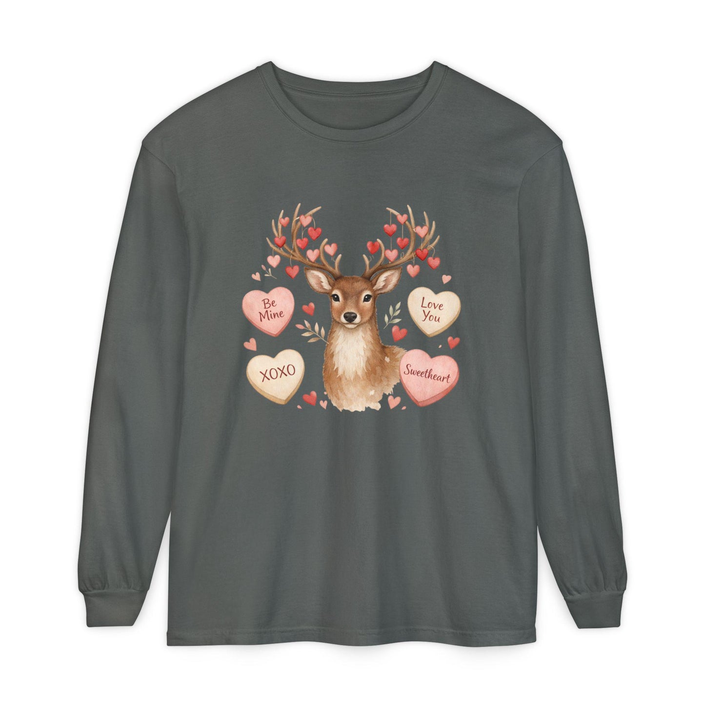 Valentine Deer with Conversation Hearts Long Sleeve Tee | Loki's Shop Too