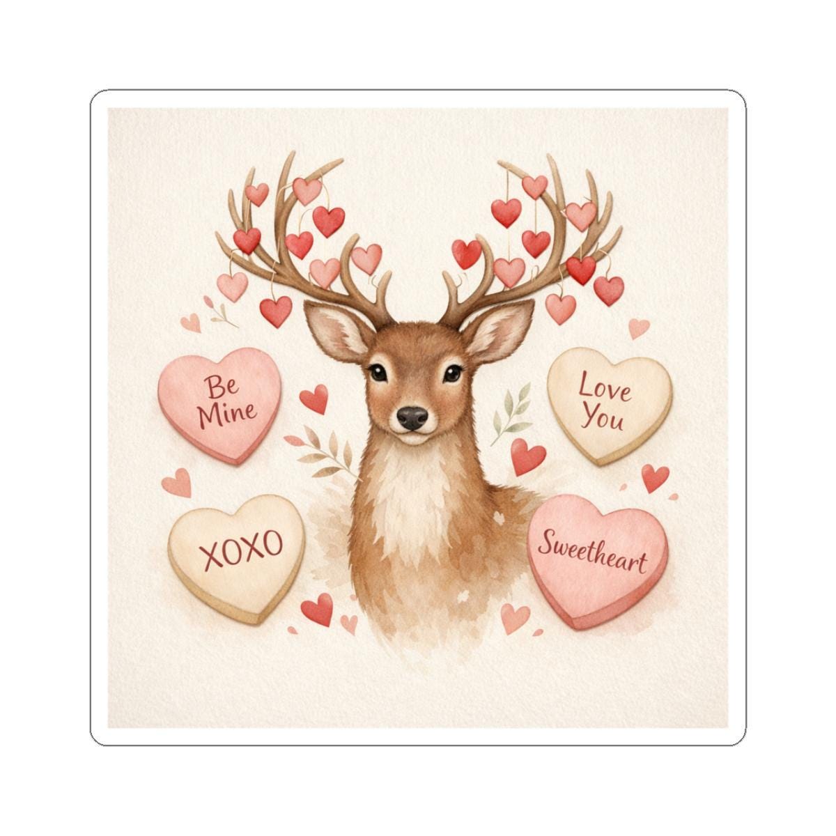 Valentine Deer Kiss-Cut Sticker: Heart Antlers, Sweetheart Candy | Loki's Shop Too