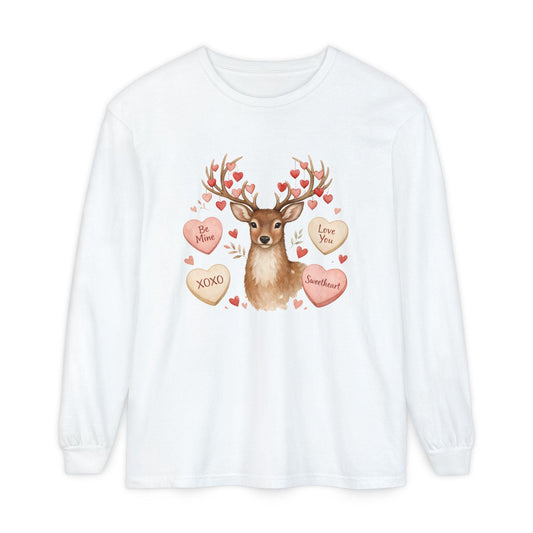 Valentine Deer with Conversation Hearts Long Sleeve Tee