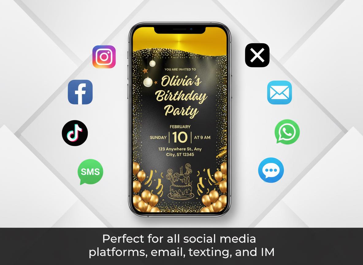 Gold & Black Birthday Party Video Invitation | Editable Digital Download | Elegant Mobile Birthday Card | Loki's Shop Too