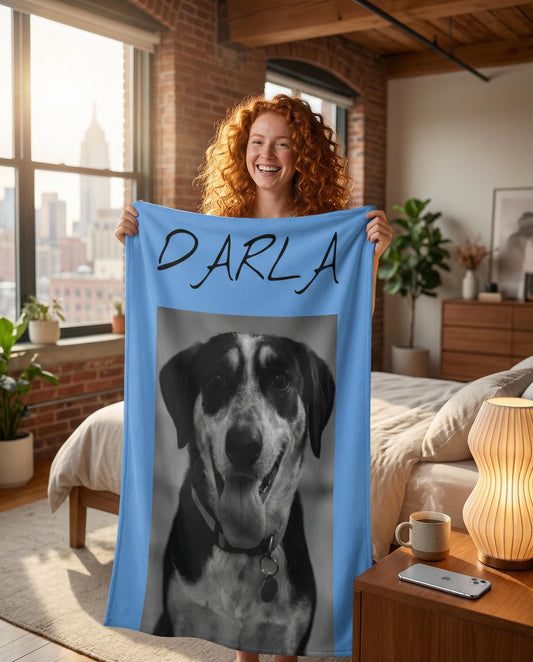 Personalized Dog Photo Blanket – Custom Pet Name Sherpa Fleece Throw, Dog Mom Gift, Pet Keepsake Blanket | Loki's Shop Too