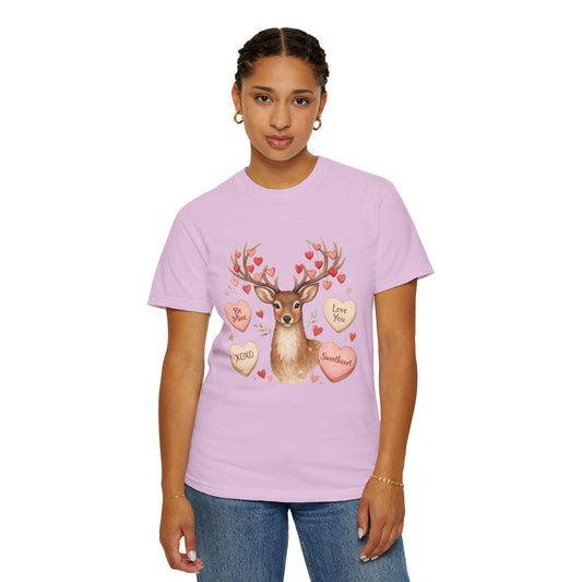 Valentine Deer T-Shirt: Conversation Hearts & Antlers | Loki's Shop Too