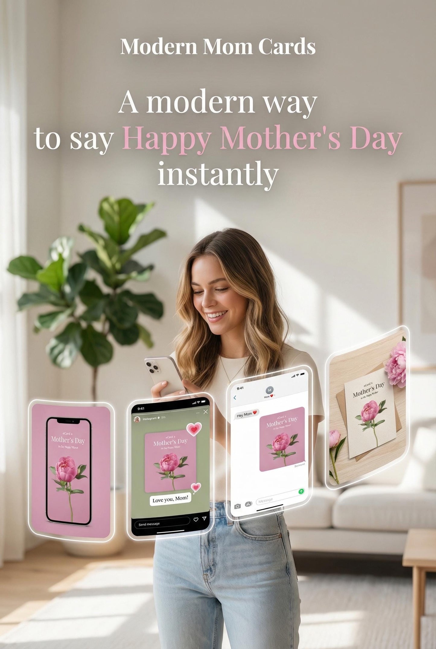 Pink Floral Mother's Day eCard | Modern Minimalist Greeting (Digital Download) | Loki's Shop Too